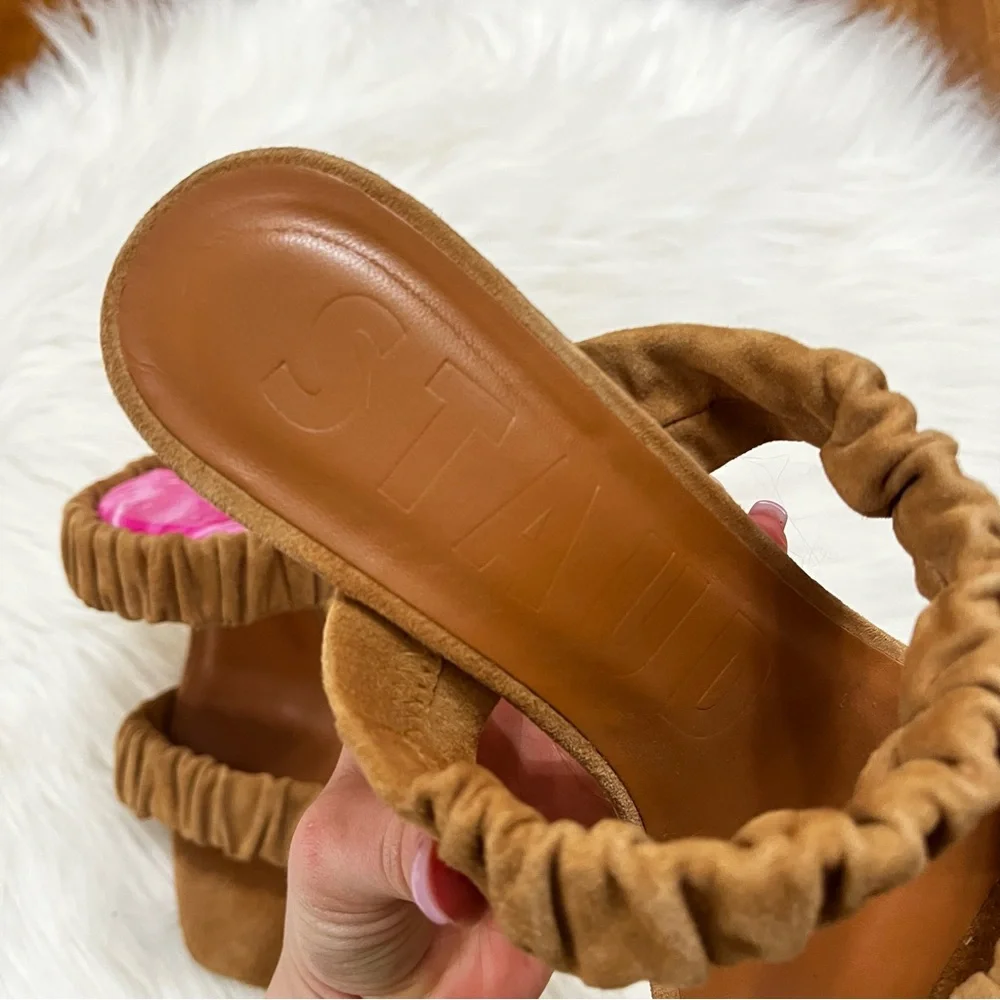 STAUD Tan Suede Frankie Ruched Leather Caramel Wedges Strappy Sandals sz. 9